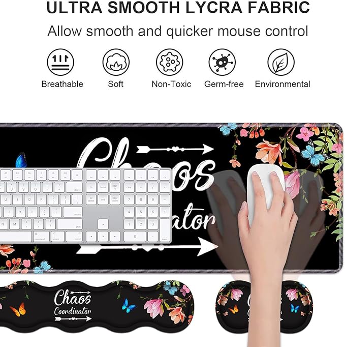 Ergonomic Keyboard Wrist Rest &amp Mouse Pad Wrist Rest Set Chaos Coordinator Quote Vintage Watercolor Floral Large Gaming Desk Mat 31.5x 11.8 with Memory Foam Easy Typing Pain Relief for Home Of