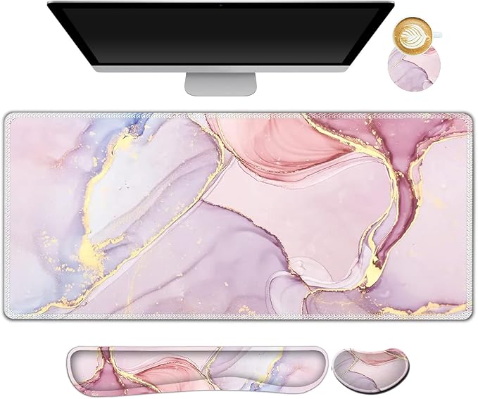 AIMSA Large Gaming Mouse Pad Set Keyboard Wrist Rest Support Mouse Pad Ergonomic Memory Foam Multifunctional Extended Desk Mat 35x15.7in Anti-Slip Rubber Base for Office Home Pink Purple Marble