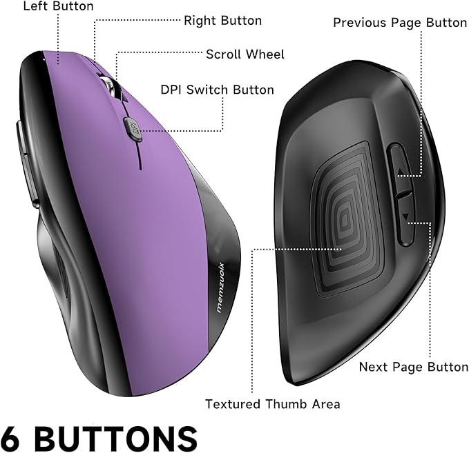 memzuoix Ergonomic Wireless Mouse 2.4G Optical Cordless 800/1200/1600 DPI Vertical Computer Mouse for Laptop Mac PC Desktop (Right Hand Large) - Purple