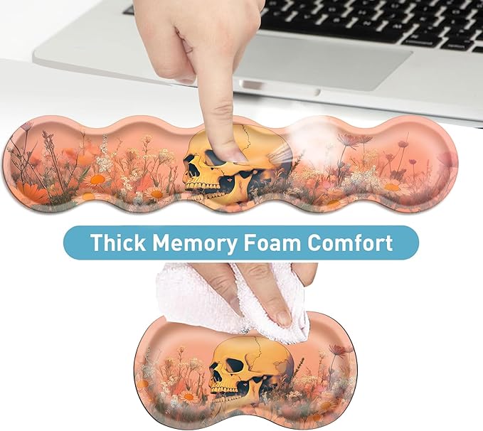 Keyboard Mouse Pad Set Extended Gaming Mouse Pad+Ergonomics Keyboard Wrist Rest Support Memory Foam Easy Typing Pain Relief 4Pcs XL Ultra Thick Desk MatSkull in Flower Field