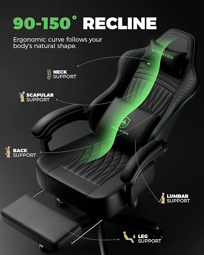 GTPLAYER Big and Tall Gaming Chair with Footrest Extra Wide Seat Video Game Chairs for Adults - Padded High Back Ergonomic Reclining Silla Gamer Linkage Armrest Ace Pro Green