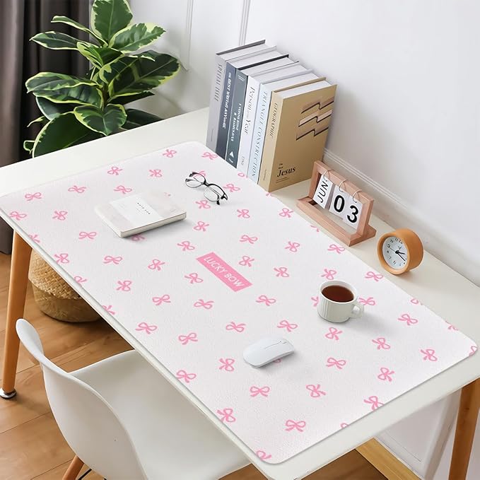 Cute Pink Bow Extended Gaming Keyboard Mouse Pad Non-Slip White Leather Home Office Desk Mat Protector Laptop Desk Pad Writing Pad