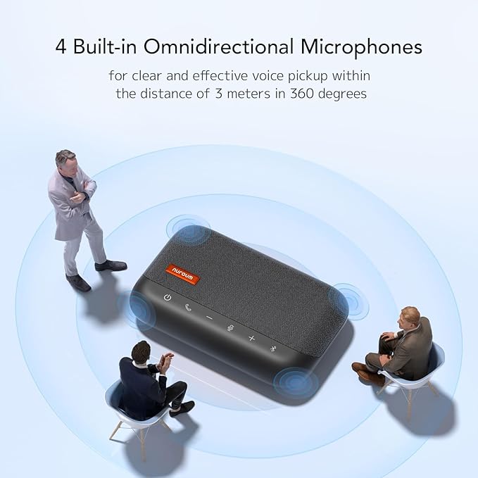 NUROUM A15 Conference Speaker and Microphone Portable Bluetooth Wireless Speakerphone 360° Noise Cancelling Voice Pickup Daisy Chian for Calls/Computer/PC/Laptop via Bluetooth/Dongle/USB-A/C Grey