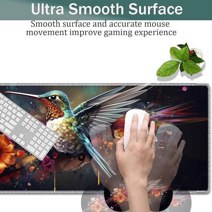 Large Game Mouse Pad + Wrist Support Pad + Coffee Coaster Desk Pad with Sewn Edges Anti-Slip Set pad Suitable for Office Work and Home - Colorful Hummingbird with Flower