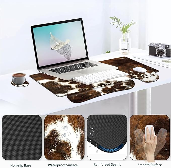 Large Mouse Pad Ergonomic Mouse Pad with Wrist Rest and Keyboard Wrist Rest 4 in 1 Set 31.5 x11.8 inch Extended Desk Pad for Home Office Faux Brown Cowhide Fur Pattern XXL Gaming Mouse Mat
