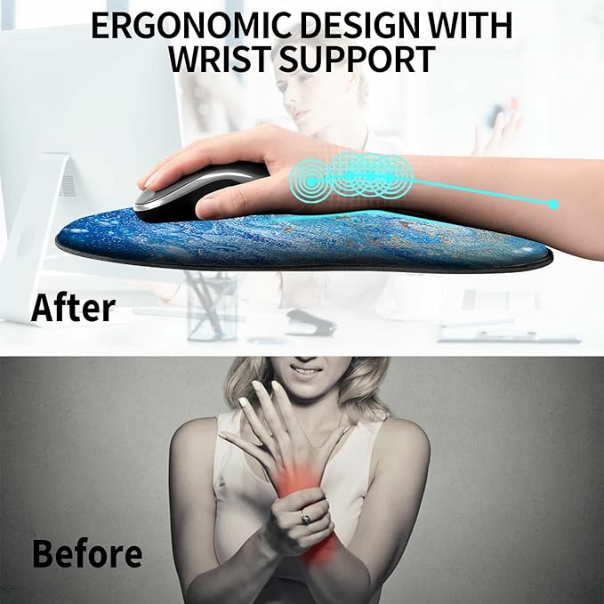 Mouse Pad with Wrist Support Gel Blue Ocean Pattern Design Ergonomic Gaming Mousepad with Wrist Rest for Laptop Computer Home Office Working Mouse Mat + A Cute Coffee Pad