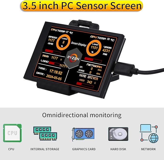 3.5 IPS USB Mini Screen Computer Temp Data Monitor Display Type-C Sub Screen for PC ARGB Computer Case Secondary Screen