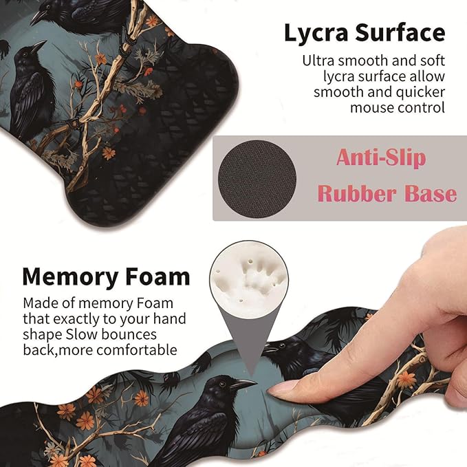 3 in 1 Keyboard Wrist Rest + Mouse Pad and Coaster Ergonomic Gel Mouse Pad and Keyboard Pad Set Comfortable Lightweight for Easy Typing Pain Relie Branch Crow