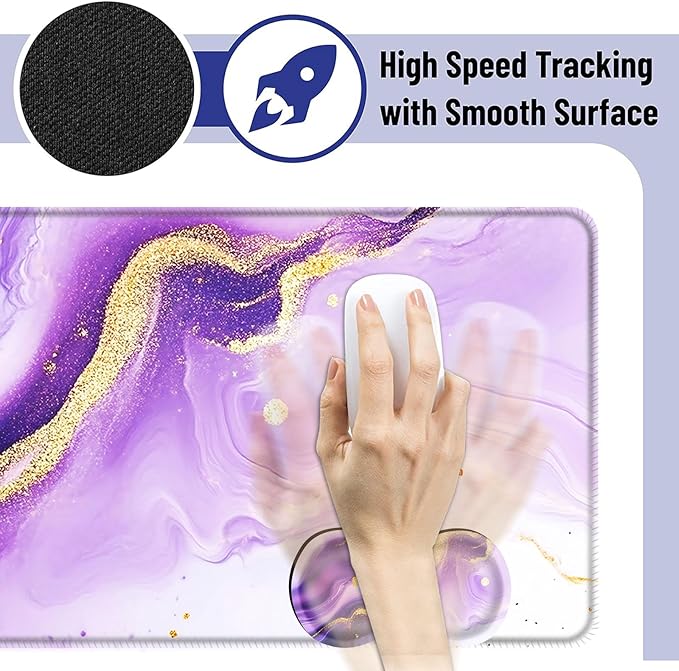 Large Mouse Pad and Keyboard Wrist Rest Desk Pad for Keyboard and Mouse 4-in-1 Large Gaming Mouse Pad with Wrist Support Desk Mat for Home Office Study GamePurple and Gold Marble