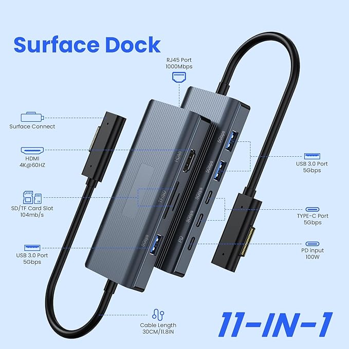 New MS Surface Dock 11-in-1 Surface Docking Station 4K@60HZ HDMI Surface Travel Hub for Surface Pro 11/10/9/8/X/7/6/5/4/3 Surface Laptop 6/5/4/3/2/1 Laptop Go 3/2/1 Surface Book