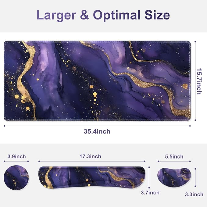 Large Gaming Mouse Pad Set 4 in1 Ergonomics Keyboard Desk Mat with Memory Foam Wrist Rest Extended Game Mousepad Non-Slip Desk Pad Matt Easy Typing Pain Relief I Purple Golden Marble