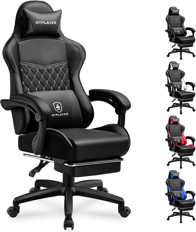 GTPLAYER Gaming Chair High Back Leather Computer Game Chair with Footrest Ergonomic Height Adjustable Office Chair with Removable Cover and Lumbar Support for Gaming and Work (Black)
