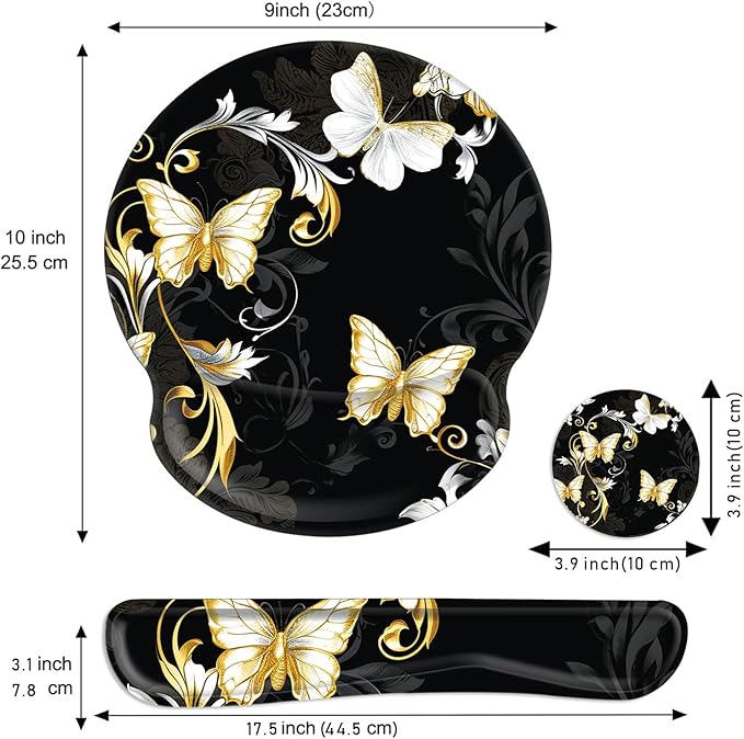 Keyboard Wrist Rest and Mouse Pad Wrist Support Set with CoastersNon-Slip PU Base Ergonomic Gaming Mousepad for Home Office Working Studying Easy Typing &amp Pain ReliefSilver Golden Butterfly