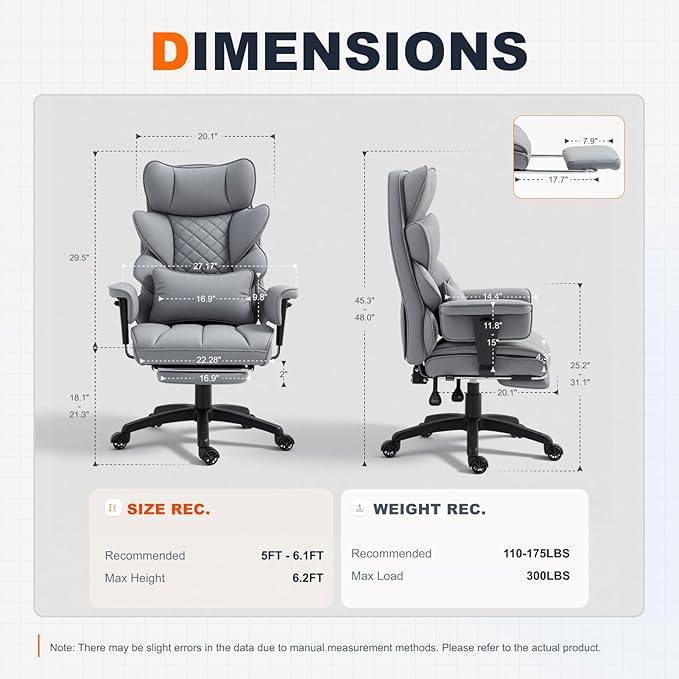 Dowinx Big and Tall Office Chair with Pocket Spring CushionHigh Back Computer Gaming Chairs with Adjustable Armrests and Lumbar SupportExecutive Desk Chairs with Footrest(PU LeatherGrey)