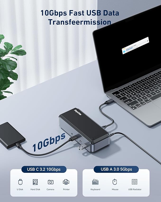 Raycue Triple Monitor USB C Docking Station - MacBook Pro Docking Station with Power Adapter for MacBook M1/M2/M3/Windows HDMI*3 RJ45 10Gbps USB*5 PD USB 3.0*2