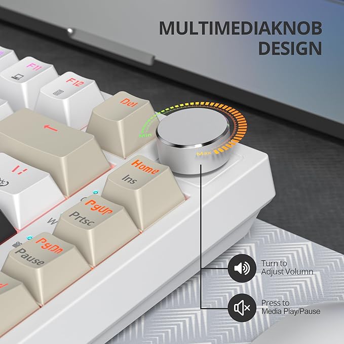 75% Mechanical Gaming Keyboard with Volumn Knob Gasket Hot Swappable RGB Wired Red Switch 82 Keys Compact Creamy (Black Grey)