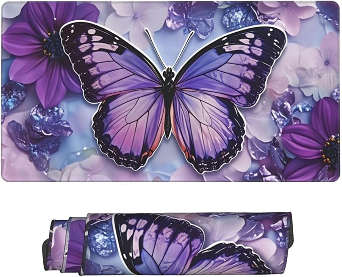 Purple Butterfly Floral Desk Cover MatExtended Large Mouse PadComputer Laptop Mat Desk Decor for Office Game Home 30x16 Inch