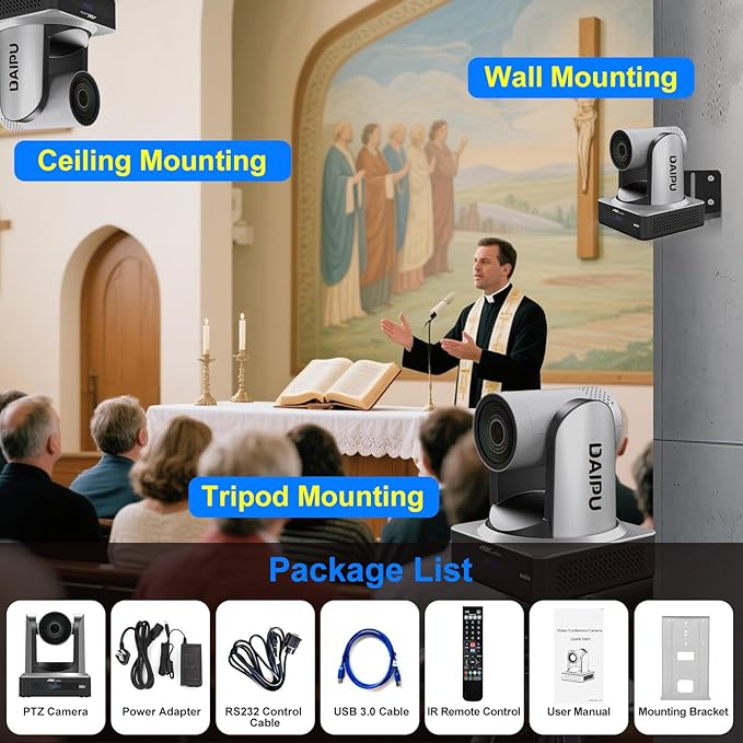 PTZ Camera 4K 20X Optical Zoom NDI 60fps HDMI USB3.0 SDI LAN POE AI Auto Tracking PTZ Camera New Gen for Church Worship Live Streaming Business Conference Events Education with YouTube Zoom