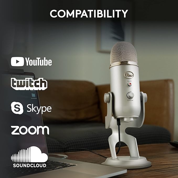 Logitech Creators Blue Yeti USB Microphone for PC Mac Gaming Recording Streaming Podcasting Studio and Computer Condenser Mic with Blue VO!CE Effects 4 Pickup Patterns Plug and Play - Silver