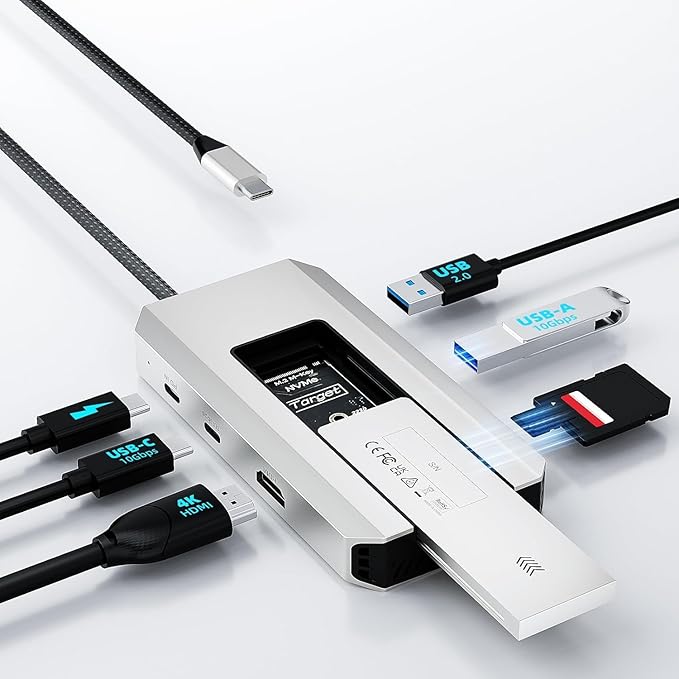 WAVLINK 8 in 1 USB C Hub with M.2 NVMe/SATA SSD Enclosure 10Gbps 4K@144Hz HDMI USB-C/A 10Gb 100W PD Aluminum Alloy USB C Enclosure for M.2 NVMe SATA SSD for M1/M2/M3/M4 MacOS Systems