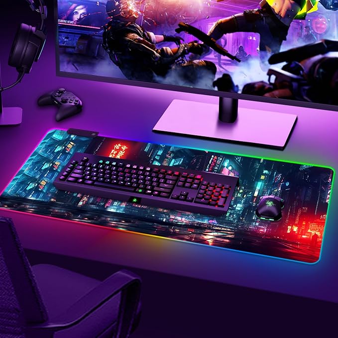 ARTSO RGB Gaming Mouse Pad Large Extended Soft Led Mouse Pad with 14 Lighting Modes 2 Brightness Water Resist Keyboard Pad Computer Mousepads Mat 35.4x15.7inch Night City