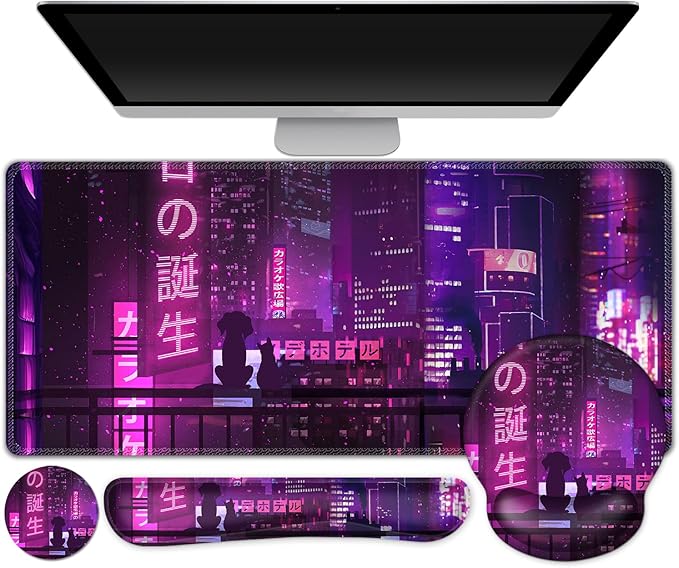 Gaming Mouse Pad Large Desk Mat Cute Desk Pad 4in1 XXL Mousepad + Keyboard Wrist Rest+Mouse Wrist Rest+Coaster Set with Ergonomic Desk Pad for Home Office Table Computer Purple Anime Neon