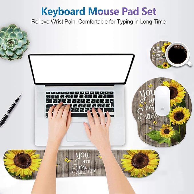 Keyboard Wrist Rest and Mouse Wrist Rest Pad Set with CoastersNon-Slip Rubber Base Ergonomic Gaming Mousepad for Home Office Working Studying Easy Typing &amp Pain Relief You are My Sunshine Sunfl