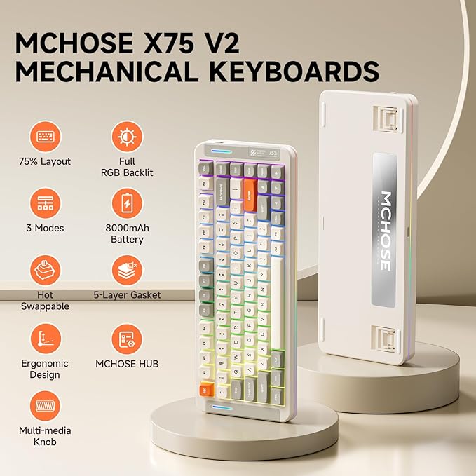 MCHOSE X75 V2 Wireless Mechanical Keyboard Volume Knob Tri-mode BT5.0/2.4GHz/USB-C Hot Swappable Custom Keyboards Linear Switch Creamy keyboardsRGB Gaming Keyboard for PC/Tablet/PS/XboxRetro White