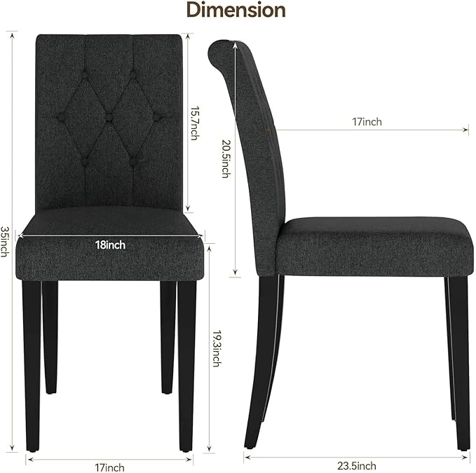 Adjustable Office Computer Chair with Armrest 2pcs Black Fabric Upholstered Dining Chairs with Button Tufted Backrest and Solid Wood Legs