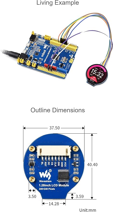 waveshare 1.28 inch Round LCD Display for Arduino/Jetson Nano/Raspberry Pi/STM32 240×240 IPS Screen Monitor 65K RGB Colors Using SPI Bus Embedded GC9A01 Driver