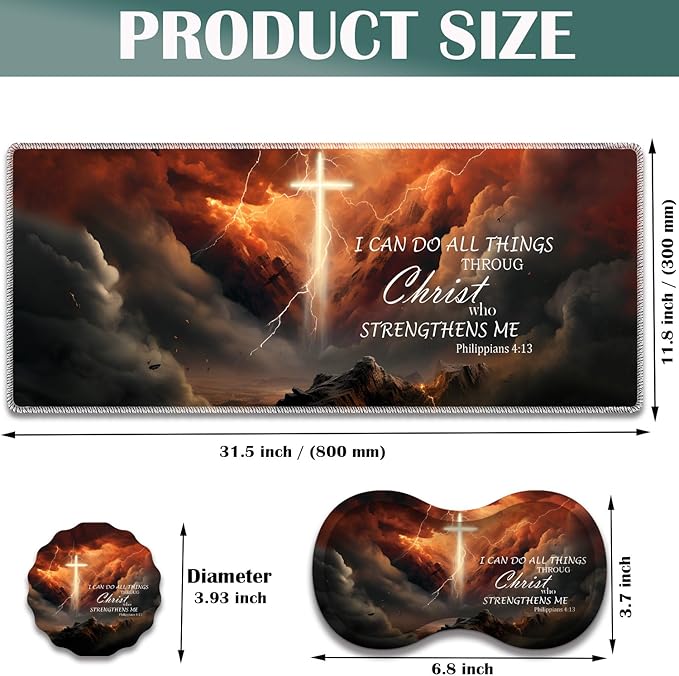 Large Game Mouse Pad + Wrist Support Pad + Coffee Coaster Desk Pad with Sewn Edges Anti-Slip Set pad Suitable for Office Work and Home - Holy Cross Bible Philippians 4-13