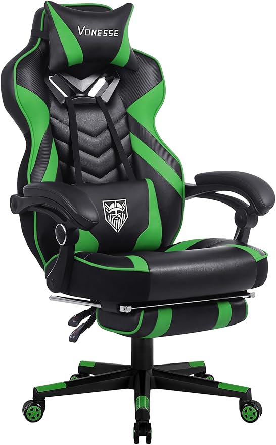 Vonesse Gaming Chair Big and Tall Gaming Chair with Footrest and Massage Gaming Chairs for Adults with Lumbar Support Ergonomic High Back Computer Chair with Pocket Spring Cushion (Green/Black)