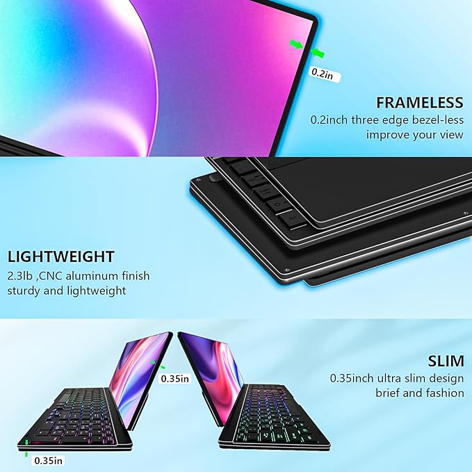 Portable Touchscreen Monitor with Silent Keyboard 12.8-inch Ultra-Slim Stretched Bar Screen Folding FHD 120% sRGB USB-A/C Compatible Screen for Computers Laptops Mini PCs Console