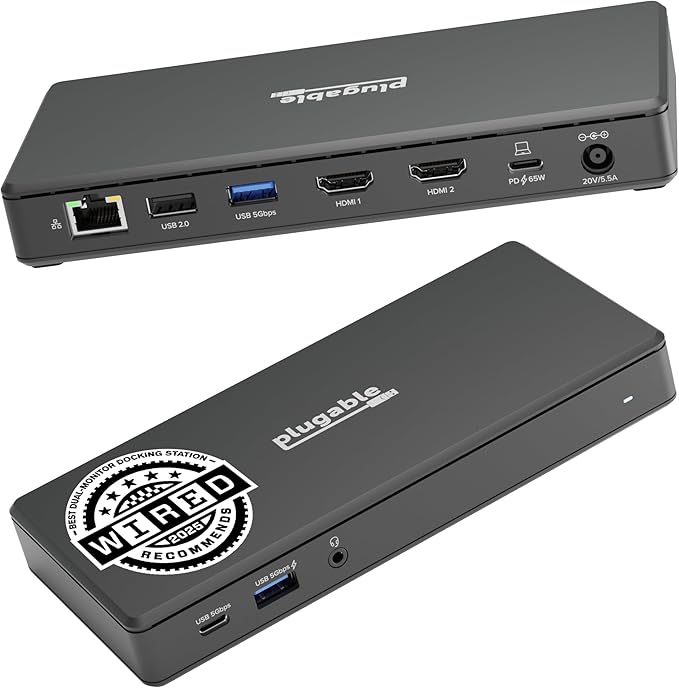 Plugable USB-C Docking Station Dual 4K 60Hz HDMI 65W Charging Gigabit Ethernet 1x USB-C 5Gbps 3X USB-A Audio Windows/ChromeOS USB-C/USB4/Thunderbolt Driverless (UD-MSTH2)