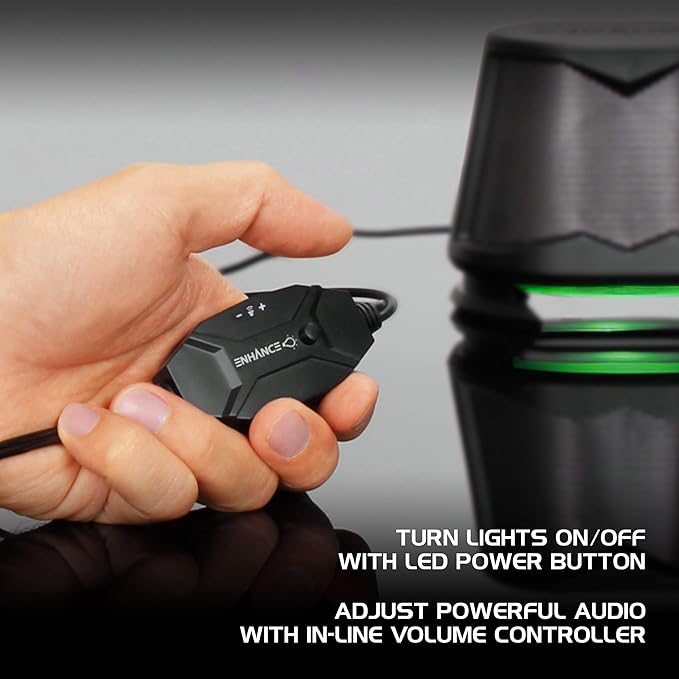 ENHANCE SB2 USB Computer Speakers 2.0 Stereo with Green LED Lighting 10W Peak High Excursion Drivers 3.5 mm Aux in Line Volume and Light Switch PC Laptop Desktop