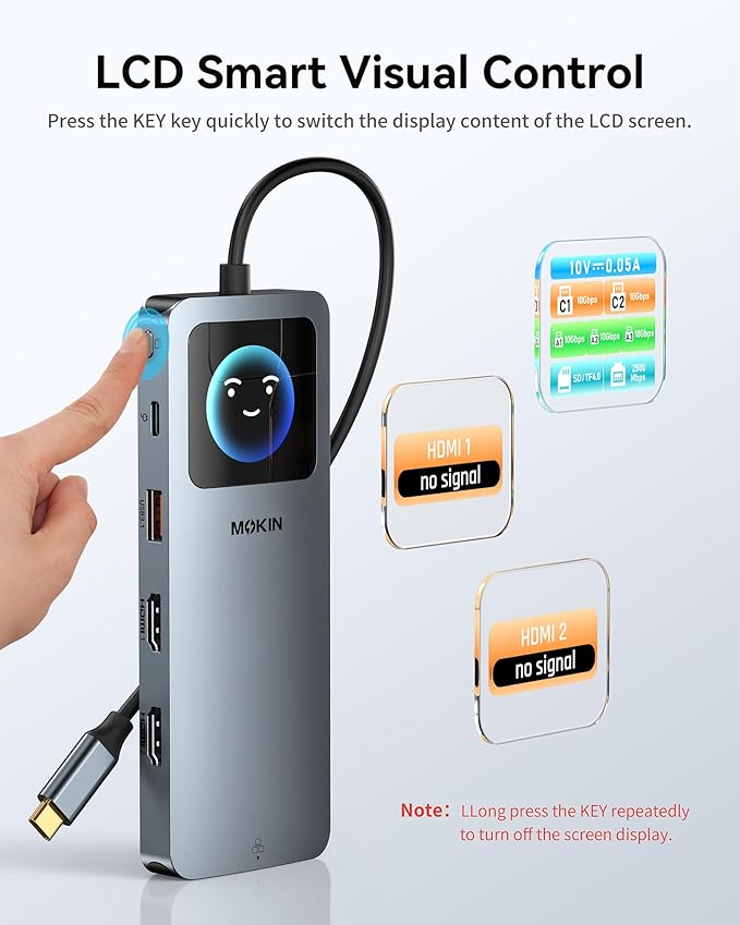 MOKiN LCD USB C Docking Station Dual Monitor 12 in 1 Laptop Docking Station Dual HDMI with 8K@30Hz PD 100W 2500Mbps 5 * 10Gbps USBA/C 3.1 SD/microSD Card Reader USB C Adapter for HP/Dell/Lenovo