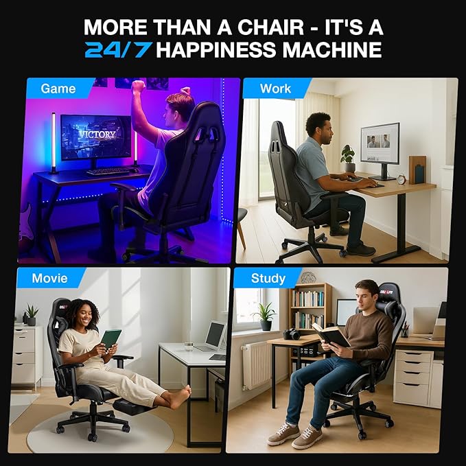 Douxlife 7-Point Massage Gaming Chair with Footrest 400lbs Heavy Duty Ergonomic Computer Chair 175° Reclining High Back Racing Seat for Adults with Adjustable Armrests &amp Lumbar Support Grey