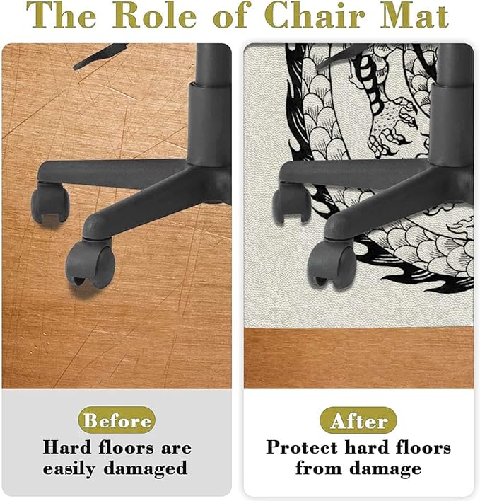 Black and White Gaming Chair Mat Round Floor Mats Japanese Swirled Dragon Mythology Eastern Office Chair Computer Gaming Desk Mat for Rolling Chair Non-Slip Gaming Rug Dragon Diameter 35.4 in