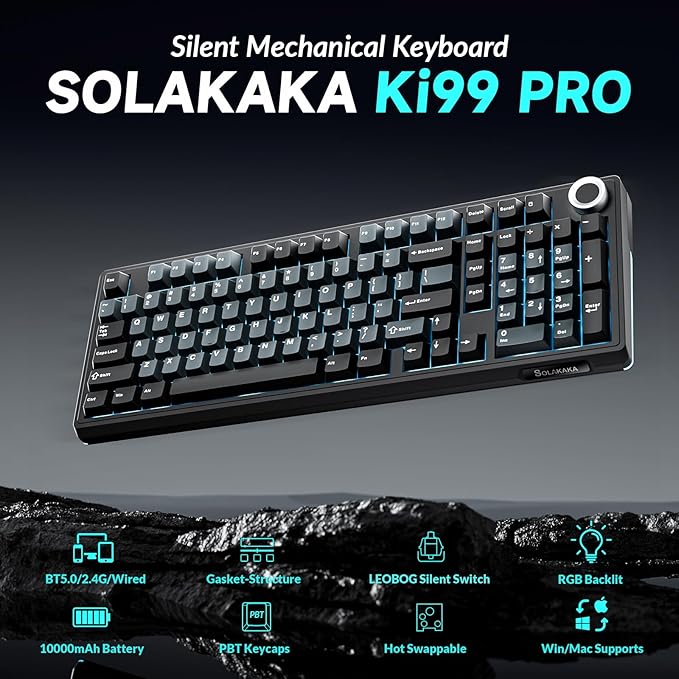 SOLAKAKA KI99 Pro Wireless Mechanical Keyboard Quiet SwitchHot Swappable Pre-Lubed Switches Silent Keyboard with RGB BacklitGasket Structure Computer Gaming Keyboards(BlackBlue Silent Switch)