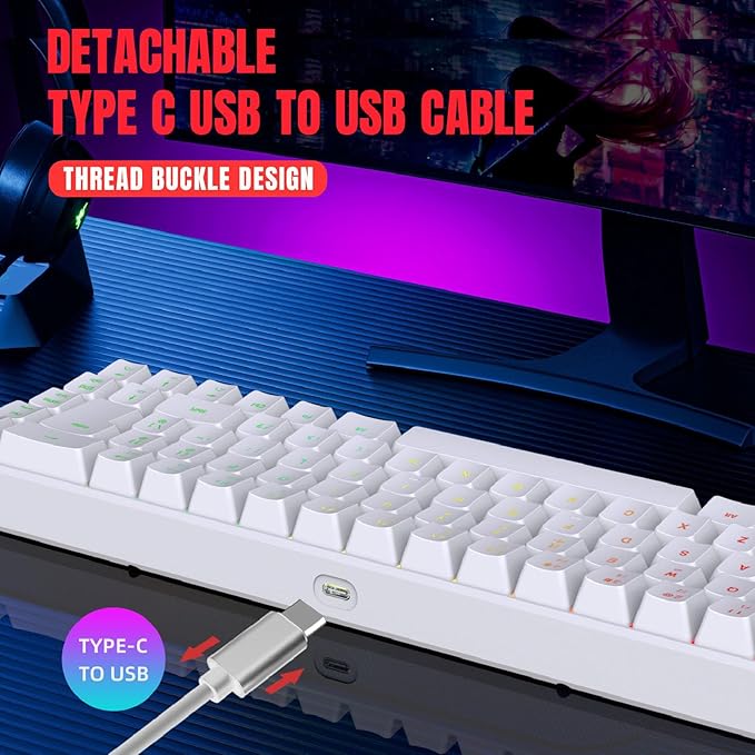 Mechanical Gaming Keyboard V200 68 Keys LED Backlit USB Wired Keyboard Type C USB Gaming Keyboard for IBM PC Win98SE (White)