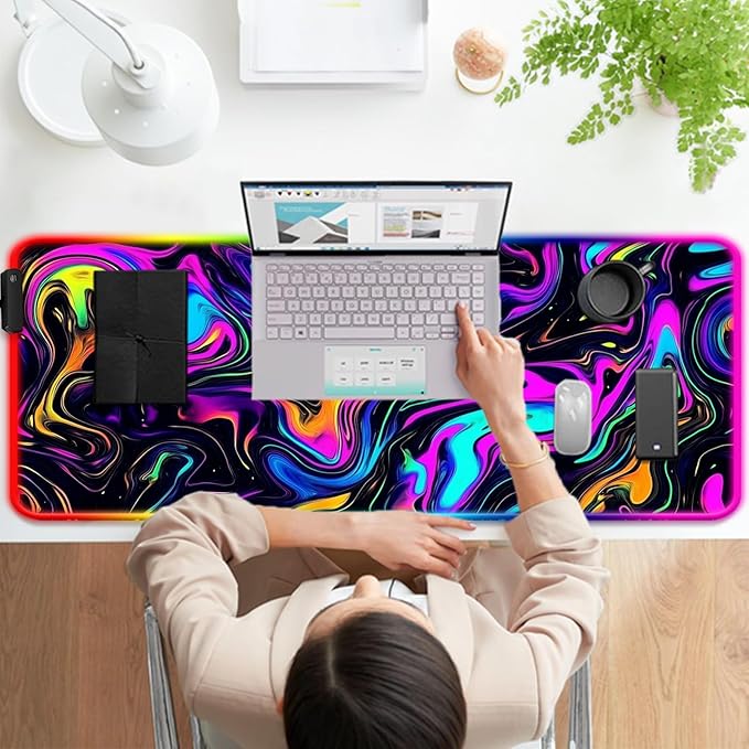RGB Abstract Colorful Marble Swirl Fluid Gaming Desk Mat Computer Keyboard Large Extended Long LED Mouse Pad for Office and Home XL (W22)