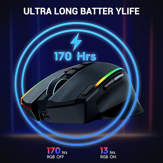 Redragon Wireless Gaming Mouse Ergonomic Mouse 16000 DPI with Rapid Fire Key 9 Macro Buttons 170-Hour Durable Power Capacity and RGB Backlight Wired/Wireless Mouse for Laptop/Mac/PC
