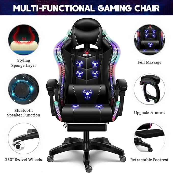 Gaming Chair with Speakers and Footrest Full Massage Computer Chair with RGB Lights Ergonomic Video Game Chair with Lumbar Support PU Leather High Back Gamer Chair for Office and GamingWhite