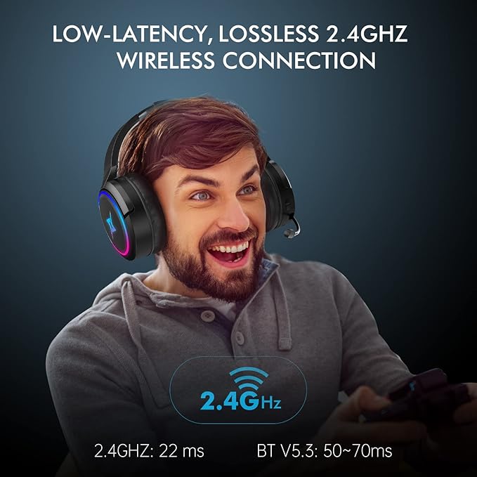 2.4G Wireless Gaming Headset for PC PS4 PS5 MacMobile- Rotatable &amp Foldable Bluetooth V5.3 Headphone-20h Battery &amp RGB Light-Memory Ear Pads-Stretchable Noise Cancelling