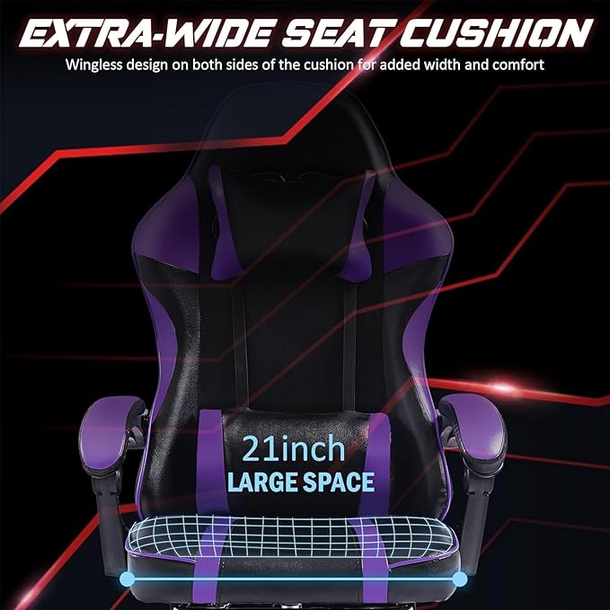 450lbs Big and Tall Gaming Chair with Footrest – Heavy Duty Wide Seat Video Game Chair for Adults Reclining PU Leather High Back Computer Office Desk Chair with Lumbar Support (Model F Black+Purple)