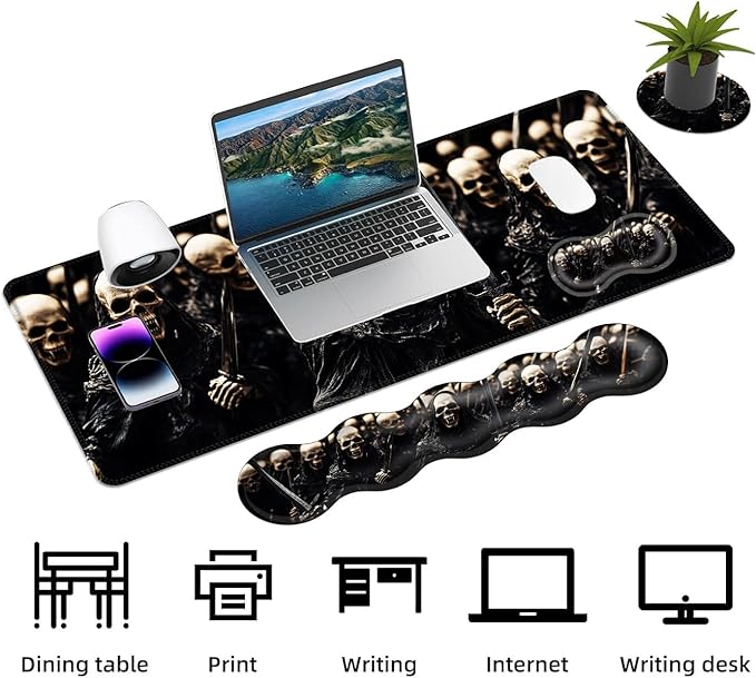 Keyboard Mouse Pad Set Extended Gaming Mouse Pad+Ergonomics Keyboard Wrist Rest Support Memory Foam Easy Typing Pain Relief 4Pcs XL Ultra Thick Desk MatCool Skeleton