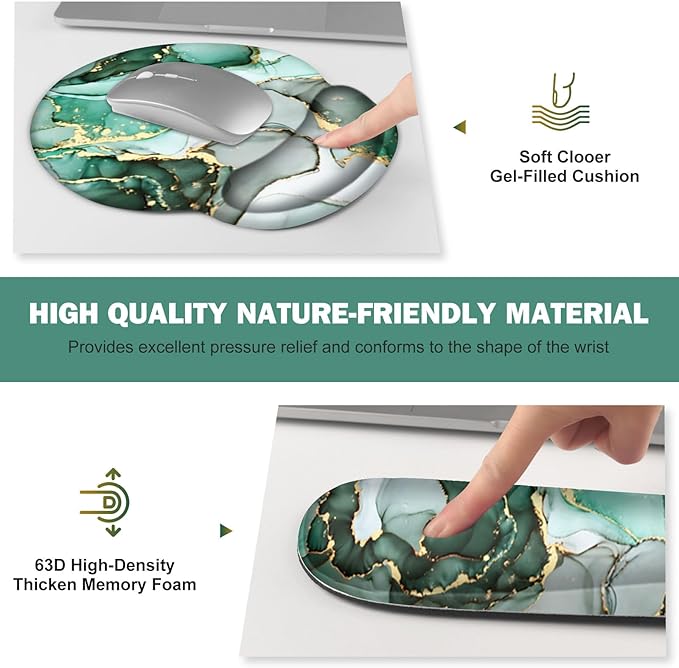 Gaming Mouse Pad Large Desk Mat Cute Desk Pad Protector 4in1 XXL Mousepad + Keyboard Wrist Rest+Mouse Wrist Rest+Coaster Set with Ergonomic Desk Pad for Home Office PC Computer Green Marble