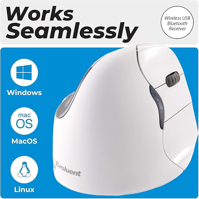 Evoluent – Inventor of The Vertical Mouse – VM4RB Ergonomic Vertical Mouse White Bluetooth for Mac Right Hand Med to Large Sculpted for Comfort Reduces Wrist Strain 4 Speeds Plug-N-Play