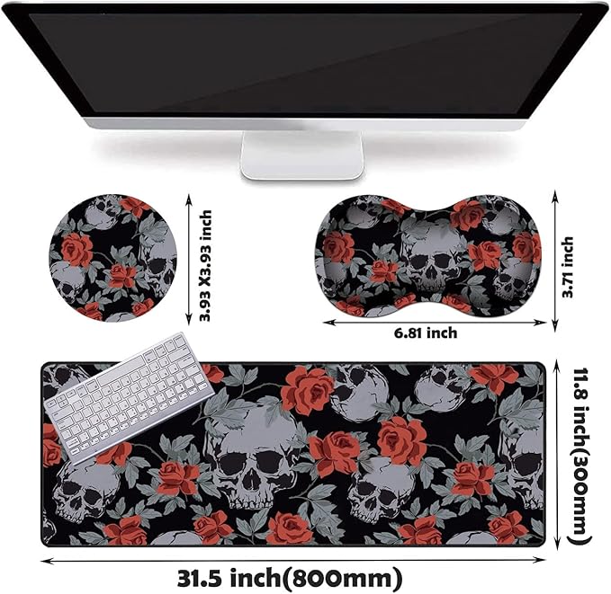 Extended Gaming Mouse Pad Desk Pad Keyboard Pad Mouse Wrist Rest and Coaster Anti-Slip Rubber Base Mouse Pad Suitable for Gaming and Office Human Skulls Vintage Roses