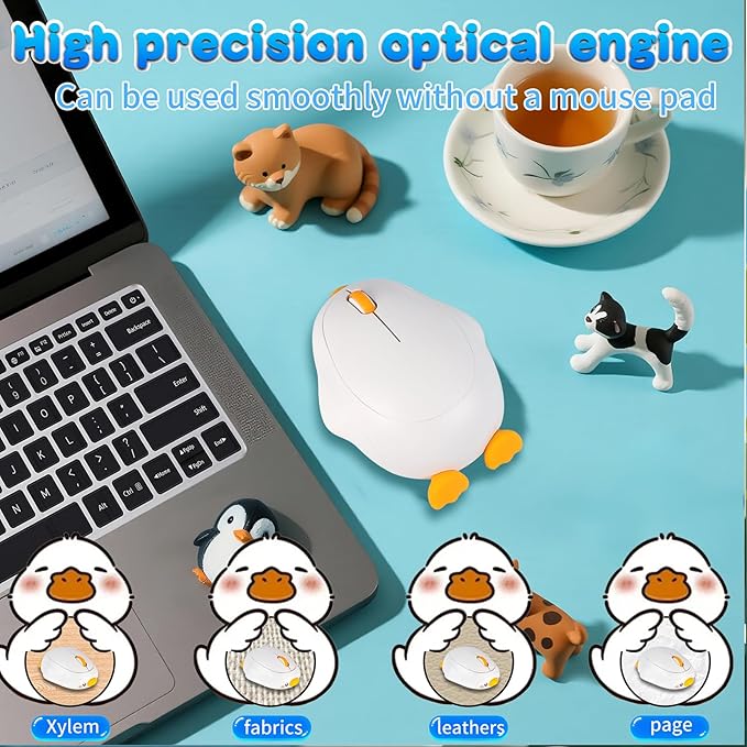Cute Duck Bluetooth Wireless Mouse -RechargeableDual Mode Connection Silent Scroll Wheel 1600 DPI - Perfect for Laptops PCs and Tablets (White)
